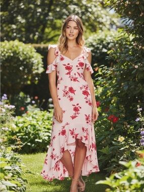 CECE Secret Blush Floral Spring Bouquet Ruffled
Hi Low Maxi Dress Size Large